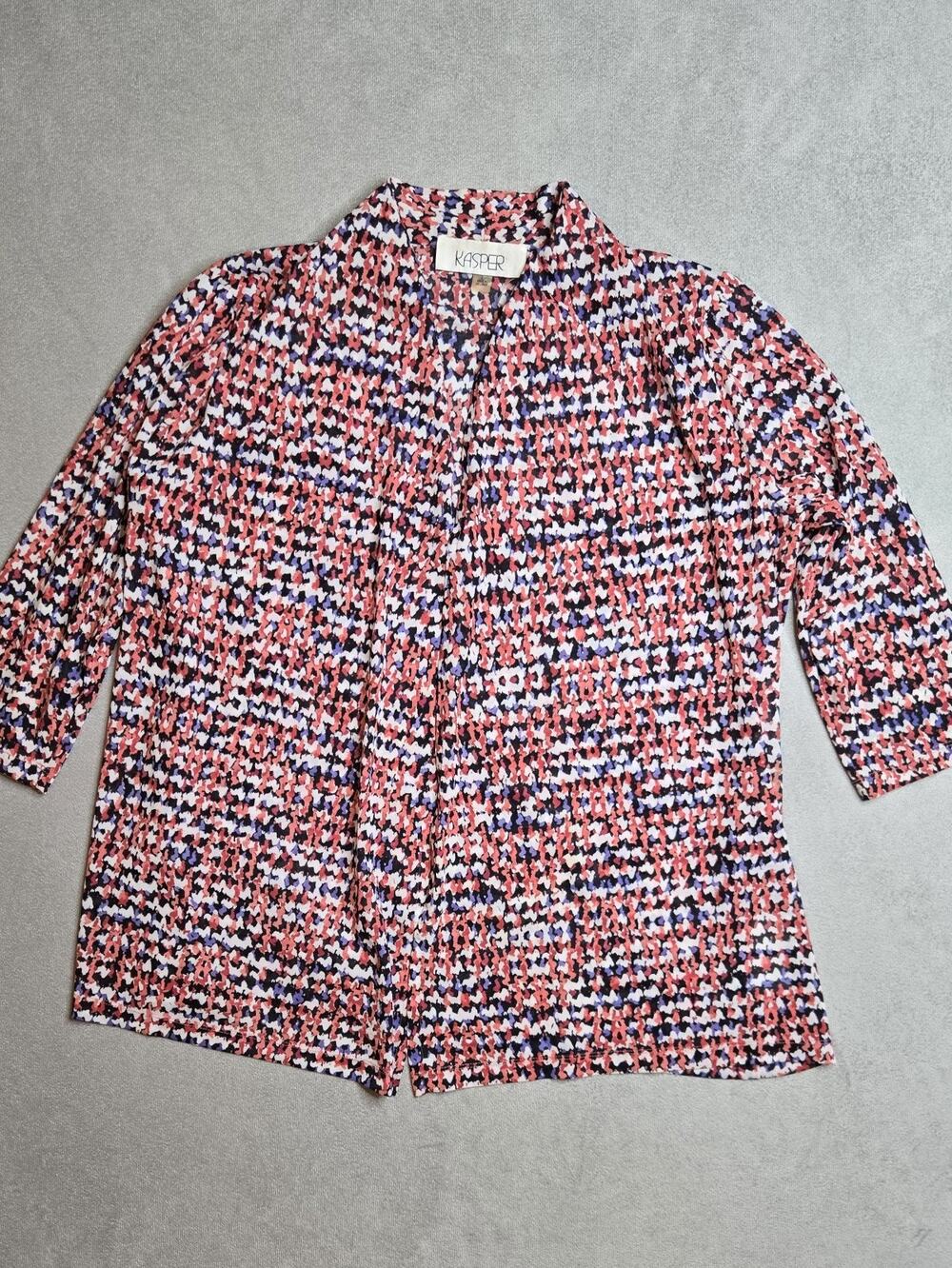 Kasper Womens Blouse Top Large L Multi Color Abstract Print 3/4 Sleeve Pleated